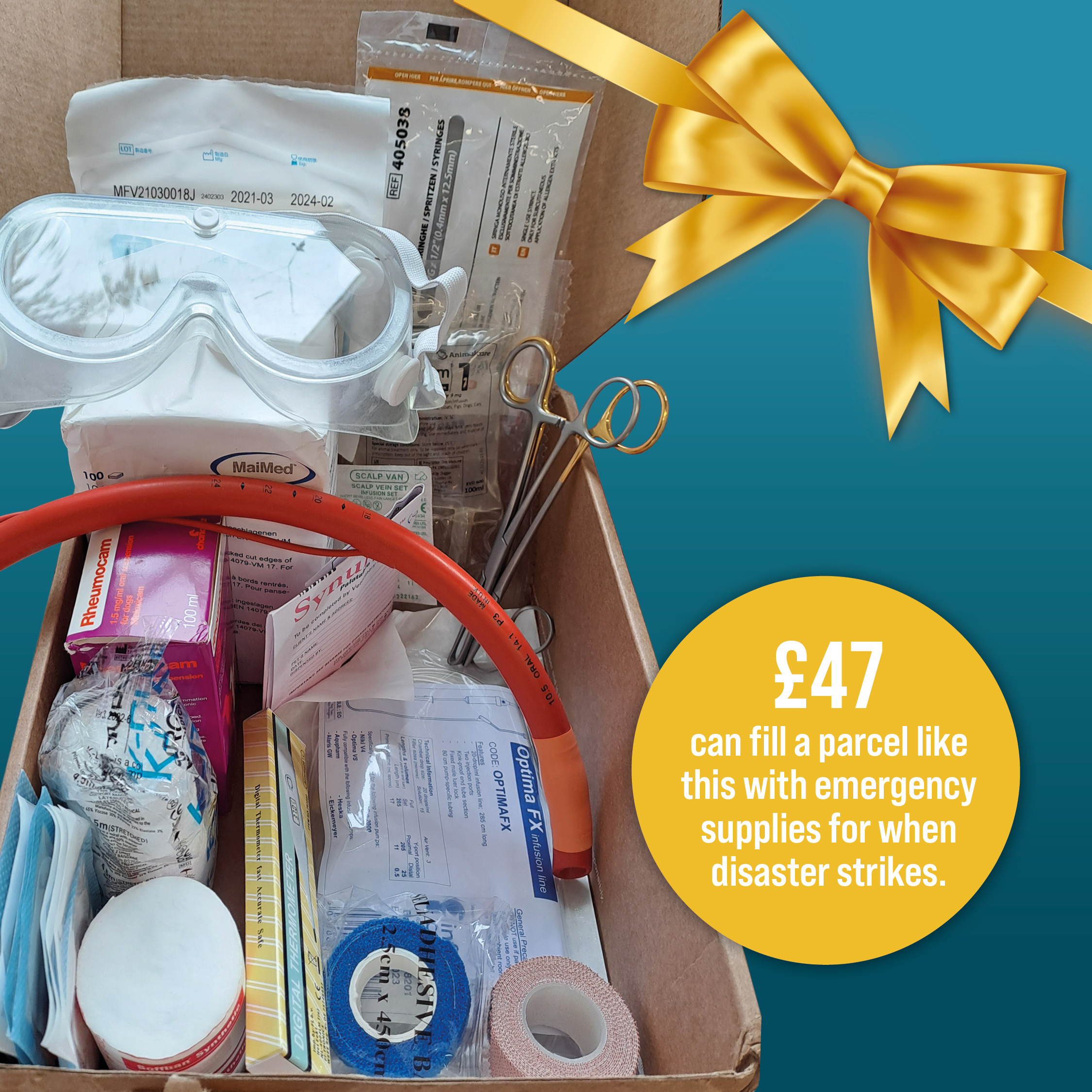 £47 can fill a parcel like this with emergency supplies for when disaster strikes.