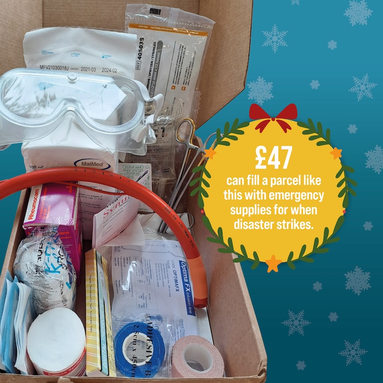 £47 can fill a parcel like this with emergency supplies for when disaster strikes.